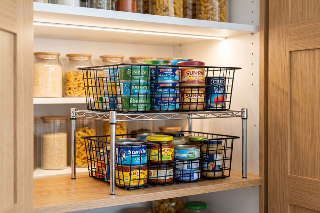 Compact wire shelf riser inside a pantry holding metal storage baskets filled with canned good