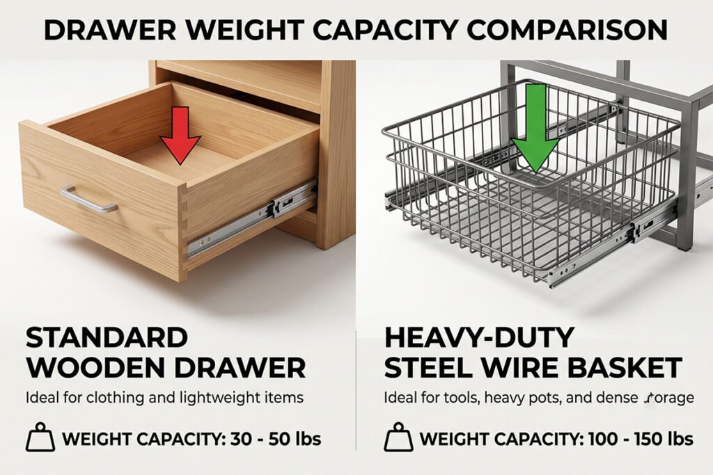 Comparison diagram showing weight capacity ratings for standard wood drawers versus wire basket hardware