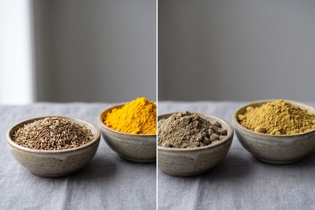 Comparison graphic illustrating fresh vibrant spices next to dull expired powders