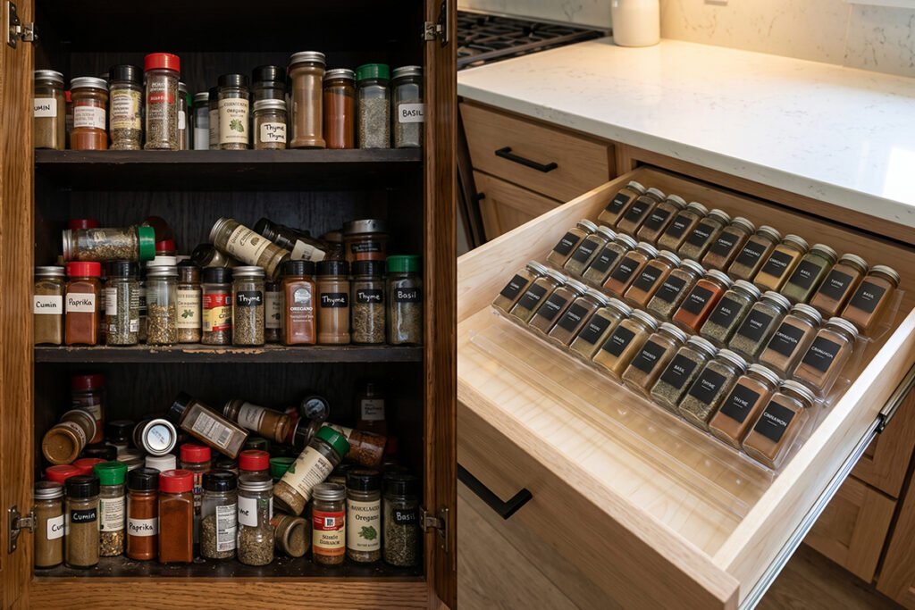 Comparison image showing a messy upper cabinet vs a clean organized spice drawer