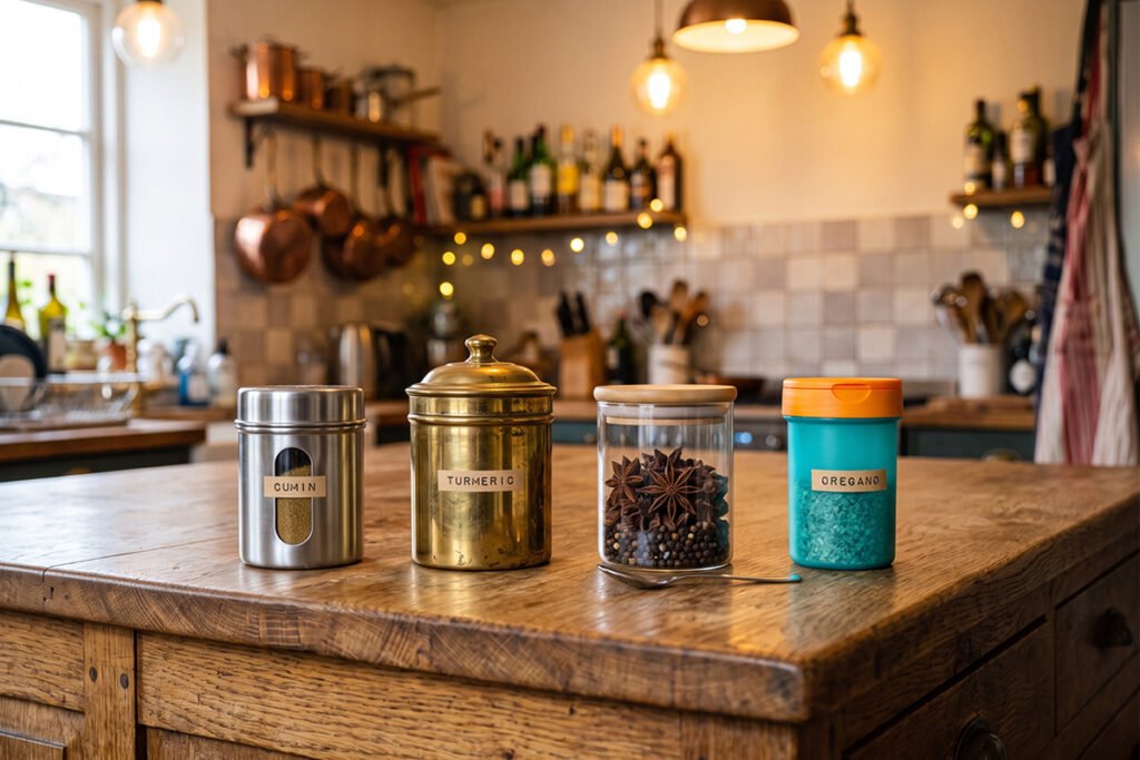 Comparison layout displaying steel brass glass and plastic spice containers