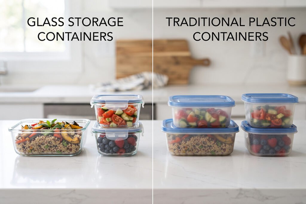Comparison layout of clear glass versus traditional plastic storage containers