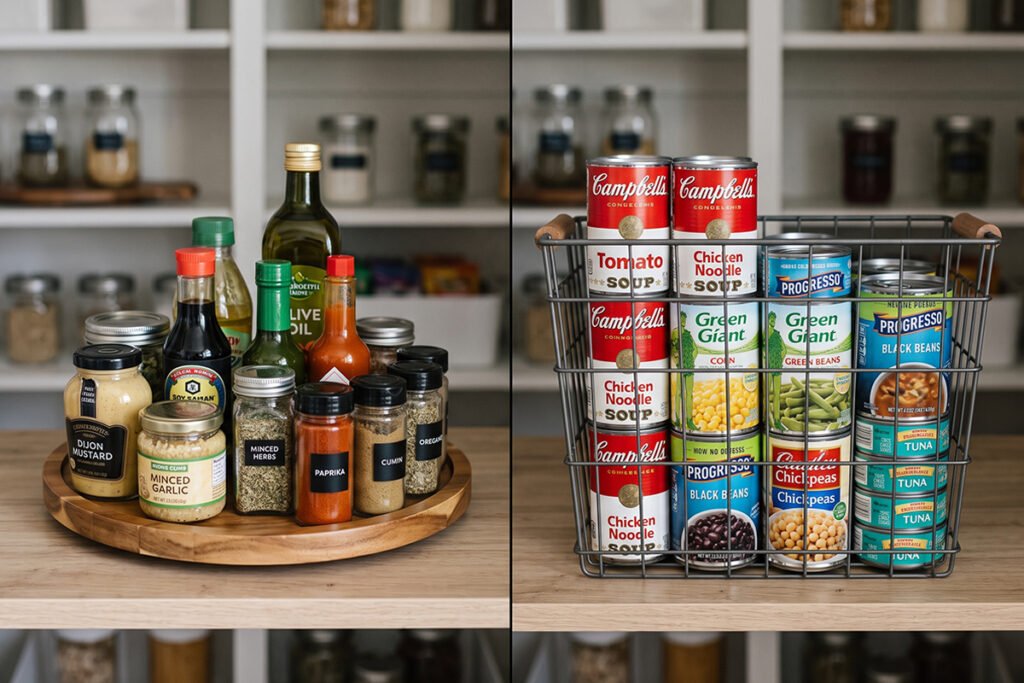 Comparison of a turntable lazy susan and a wire pantry basket loaded with canned food