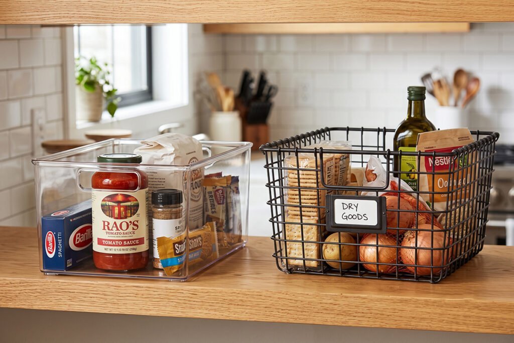 Comparison of clear acrylic bins and metal wire mesh pantry baskets on a shelf