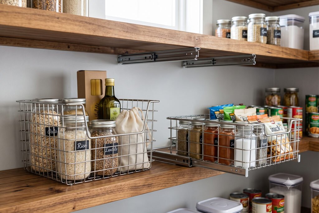 Comparison of flat-bottom wire baskets and sliding under-shelf organizers