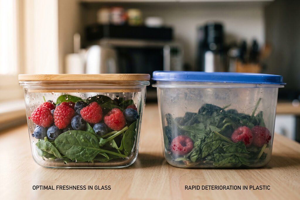 Comparison of food freshness between a glass meal prep unit and a scratched plastic tub