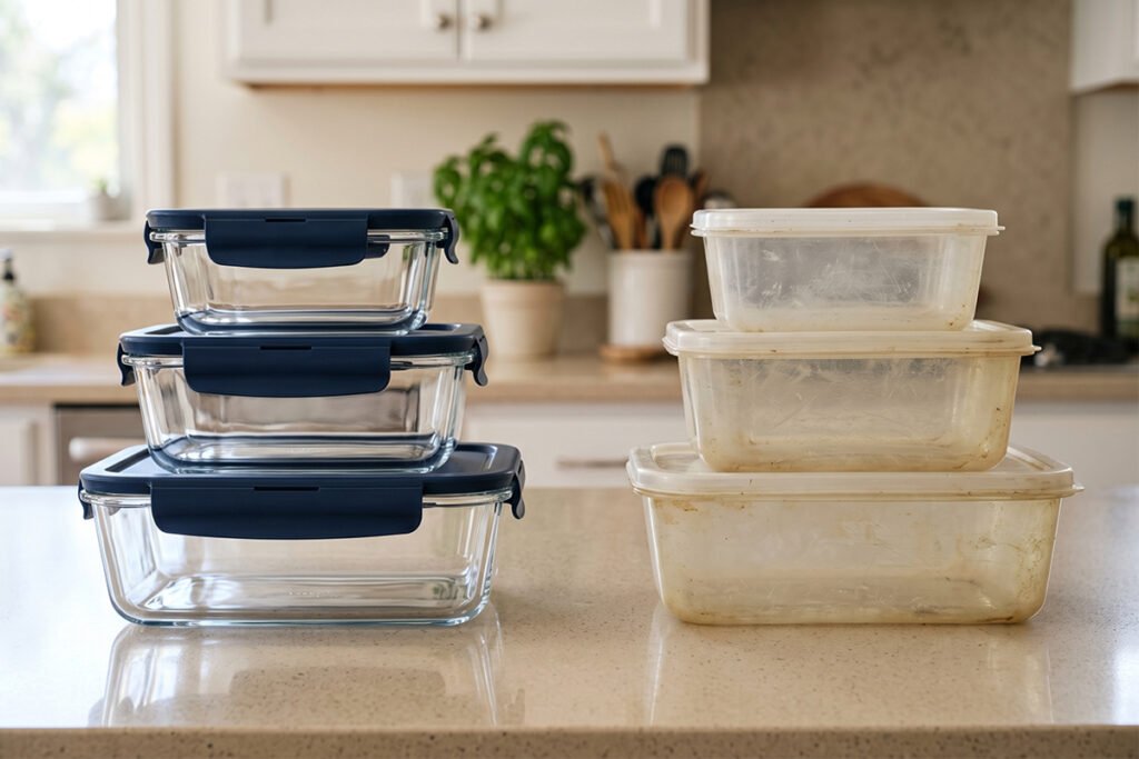 Comparison of glass food containers versus old worn plastic containers