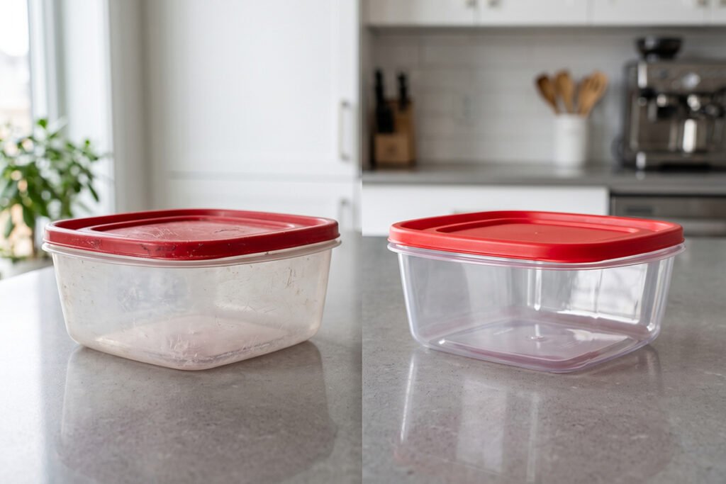 Comparison of worn scratched plastic versus a smooth pristine food storage container.