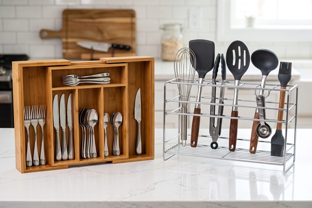 Comparison shot of an expandable bamboo drawer insert alongside an adjustable wire frame organizer