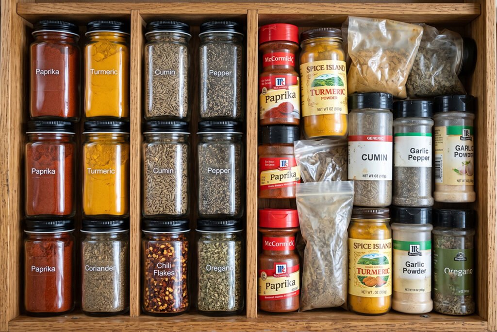 Comparison view of spices kept in clear glass jars versus thin plastic spice bot