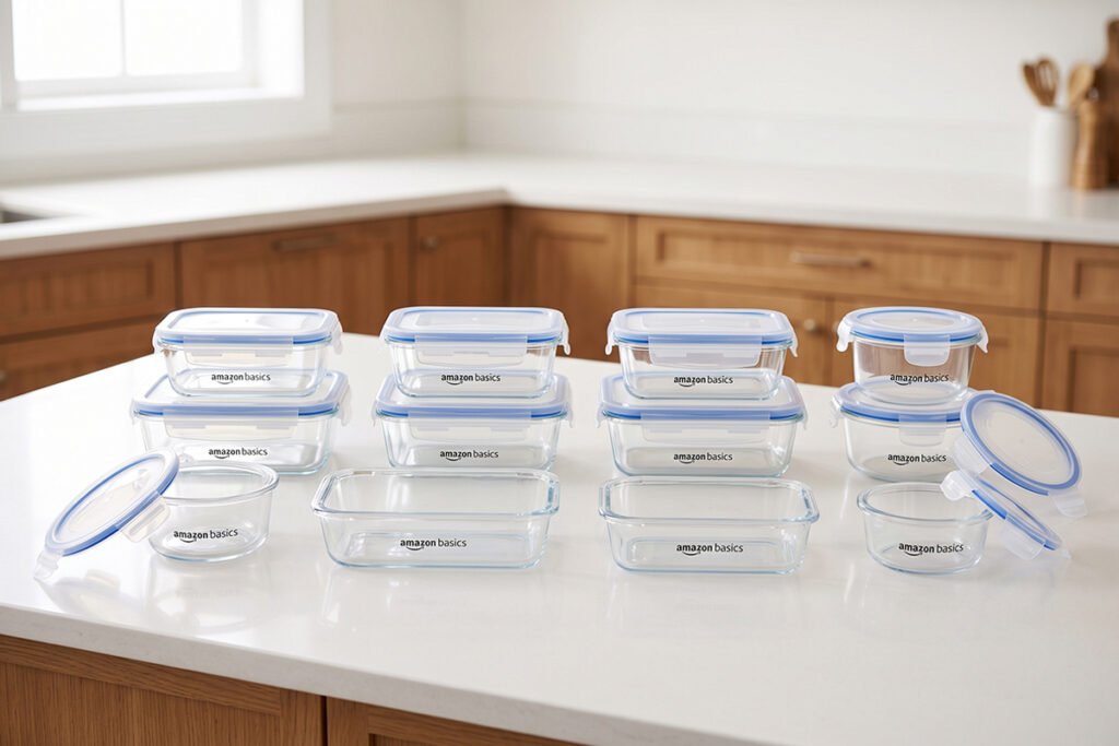 Complete Amazon Basics 14-Piece glass container set displayed on a kitchen counter
