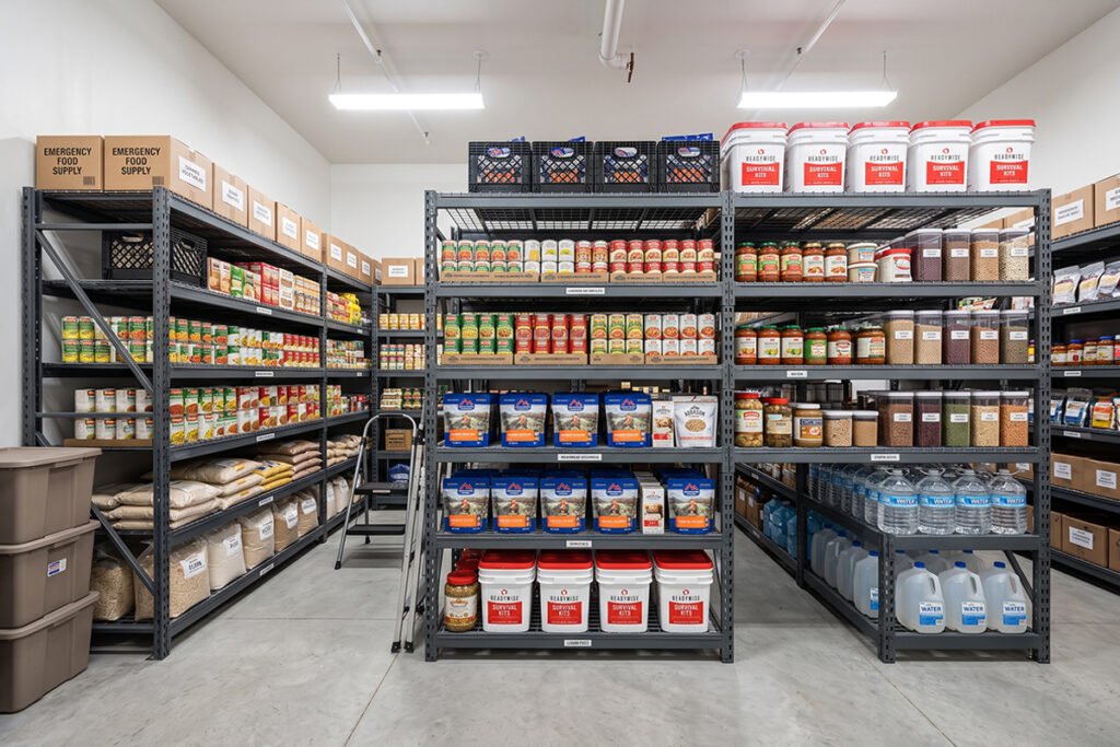 Complete emergency food supply organized on heavy duty metal shelving units