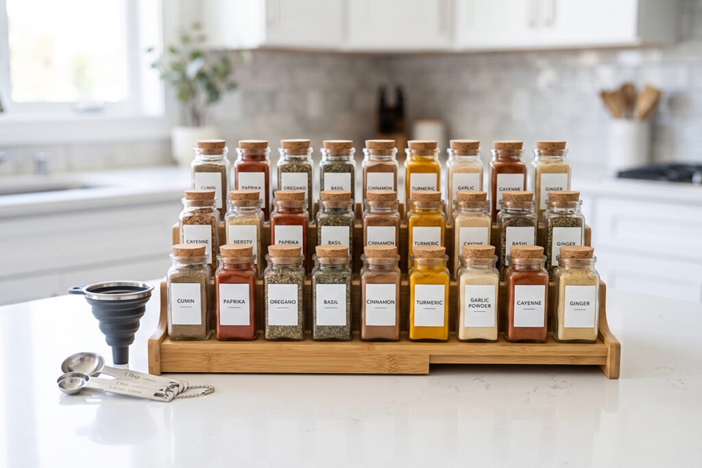 Comprehensive spice kit featuring labeled glass jars, matching measuring spoons, an