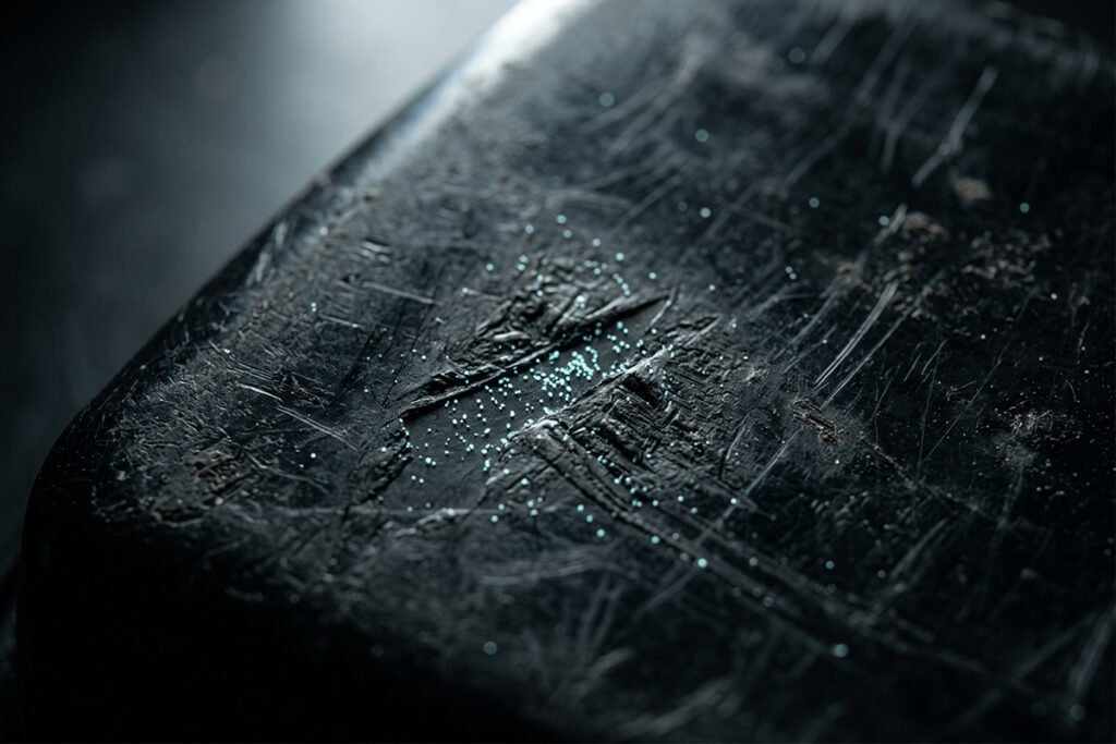 Conceptual image showing microparticles on a worn plastic container surface