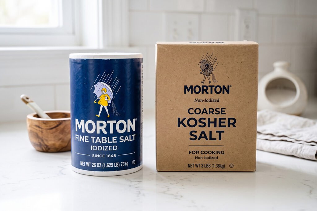 Container of classic table salt beside a box of coarse kosher salt