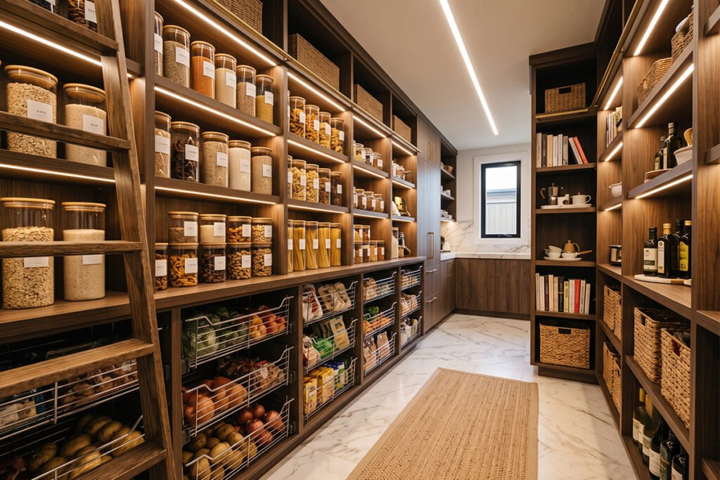 Contemporary walk-in pantry featuring pull-out metal wire systems