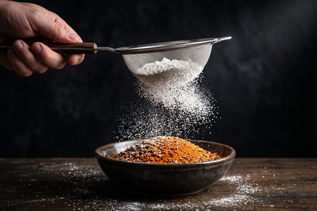 Cornstarch being sifted into a homemade spice blend using a fine mesh strainer.