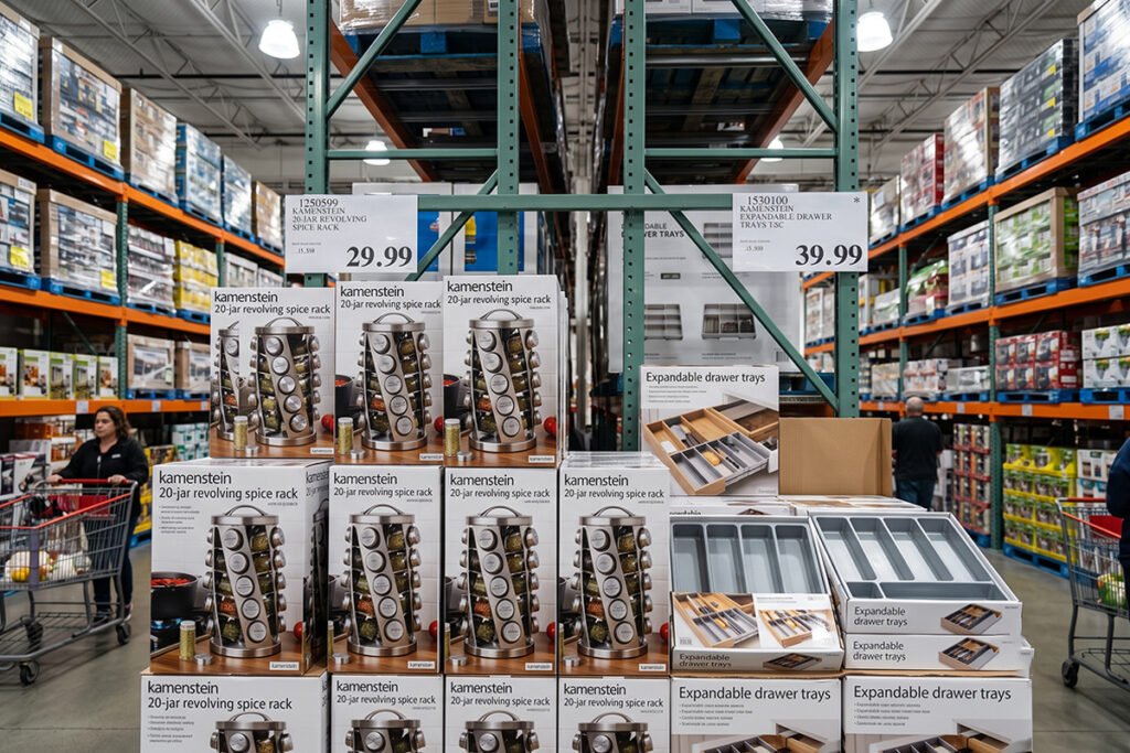Costco store display featuring a complete spice rack set with pre-filled glass jars