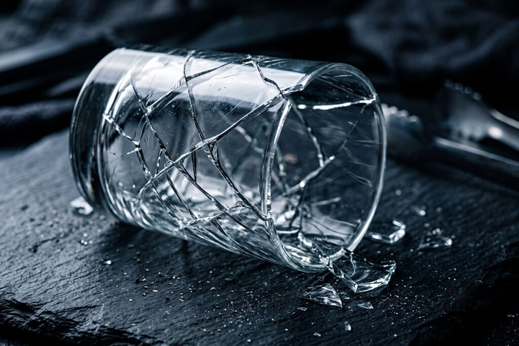 Cracked cheap glass container warning against thermal shock hazards