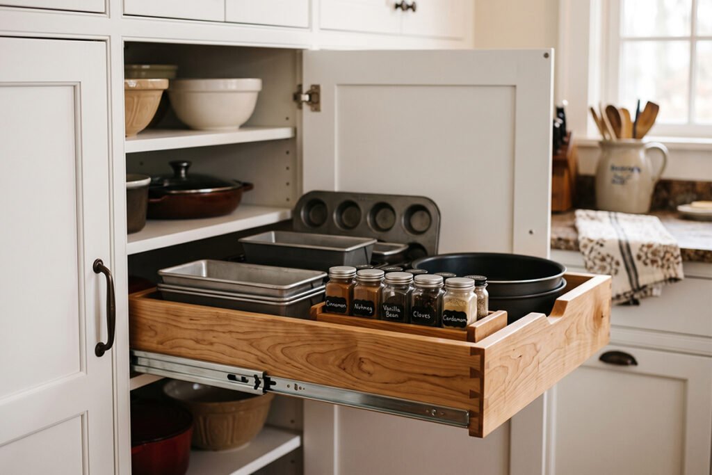 Custom wood roll-out shelf tray installed in a traditional kitchen cabinet