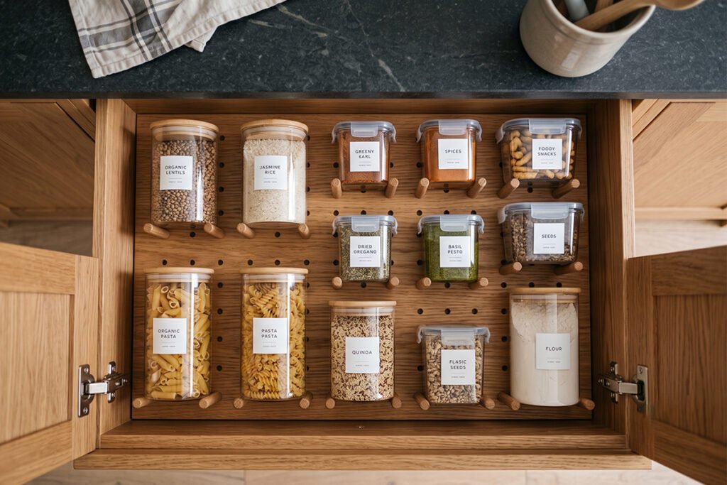 Custom wooden pegboard organizer fitted inside a deep kitchen drawer holding contai