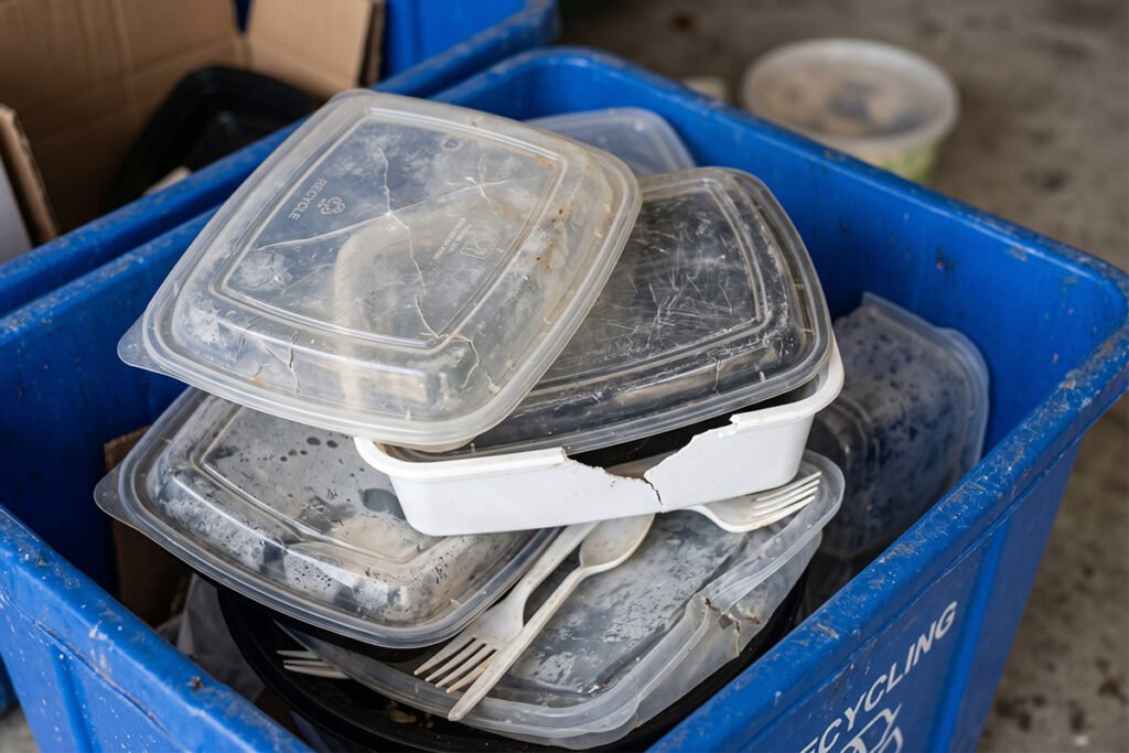 Damaged and scratched plastic takeout containers stacked for recycling