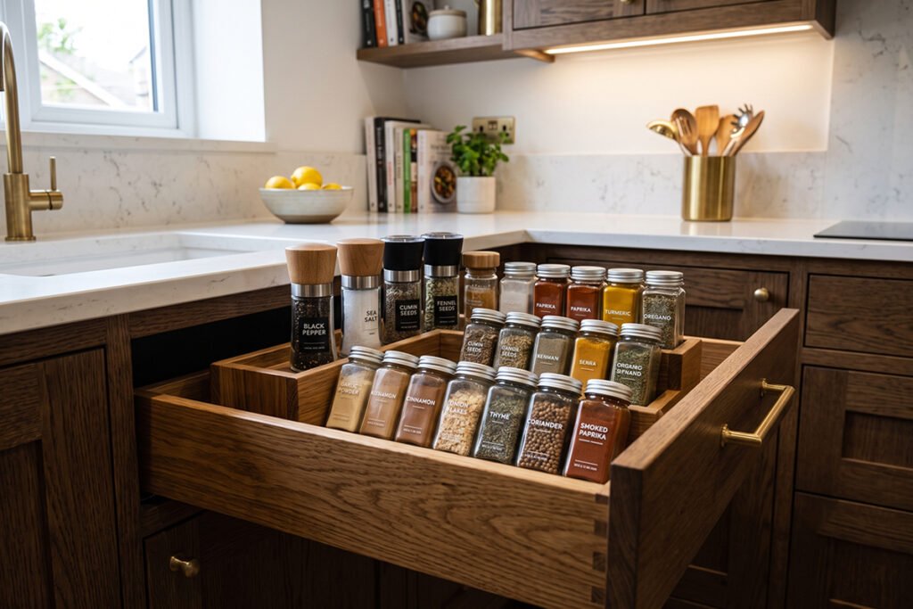 Deep kitchen drawer equipped with a multi-tiered wooden organizer holding tall a