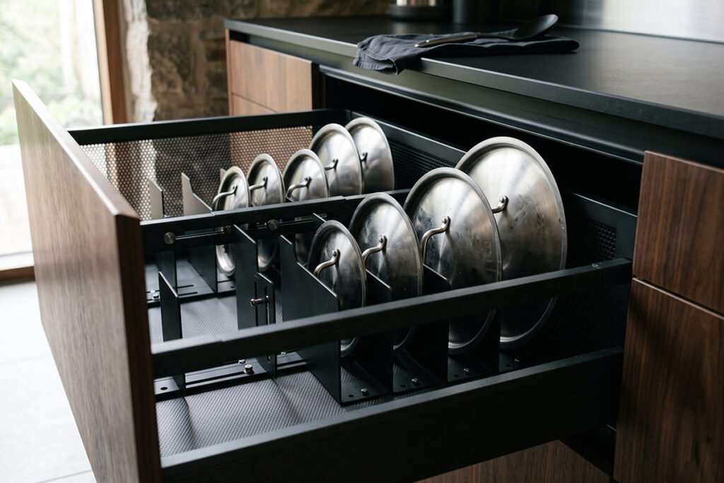 Deep kitchen drawer featuring adjustable metal dividers tailored specifically for saucepan lids