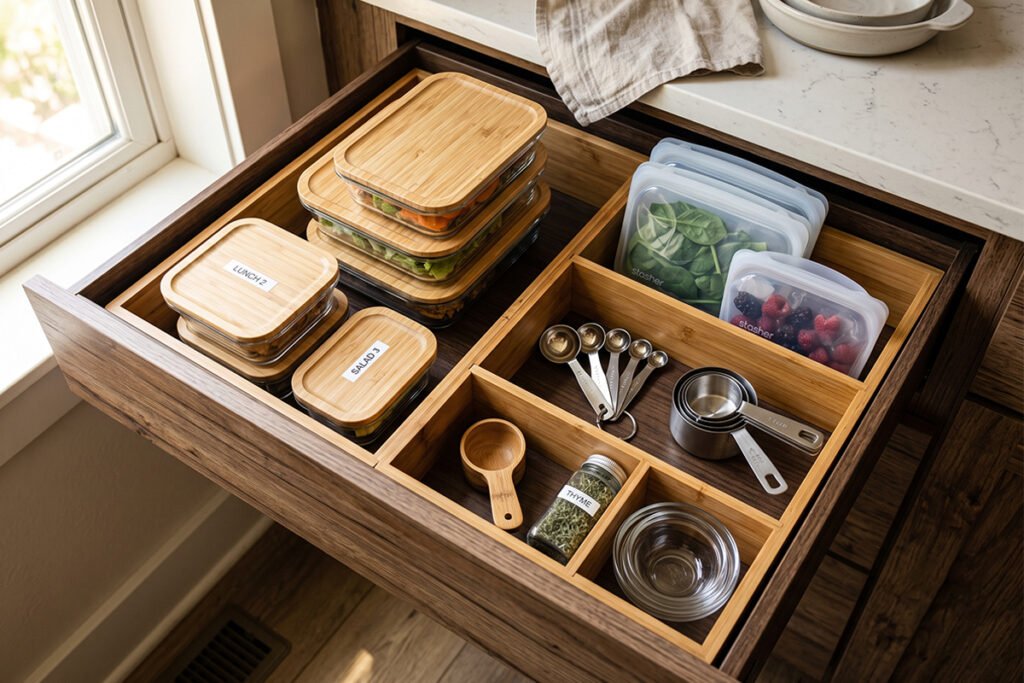 Deep kitchen drawer partitioned into dedicated micro-zones using adjustable bamboo_