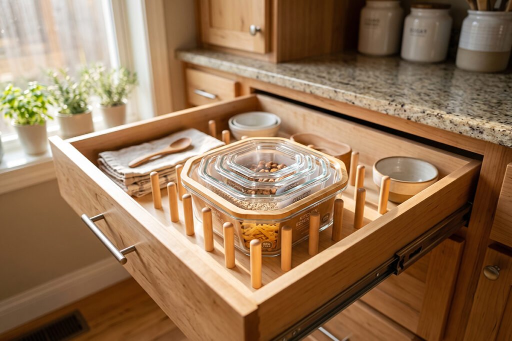 Deep pull-out drawer with padded base pegs holding nested glass food containers