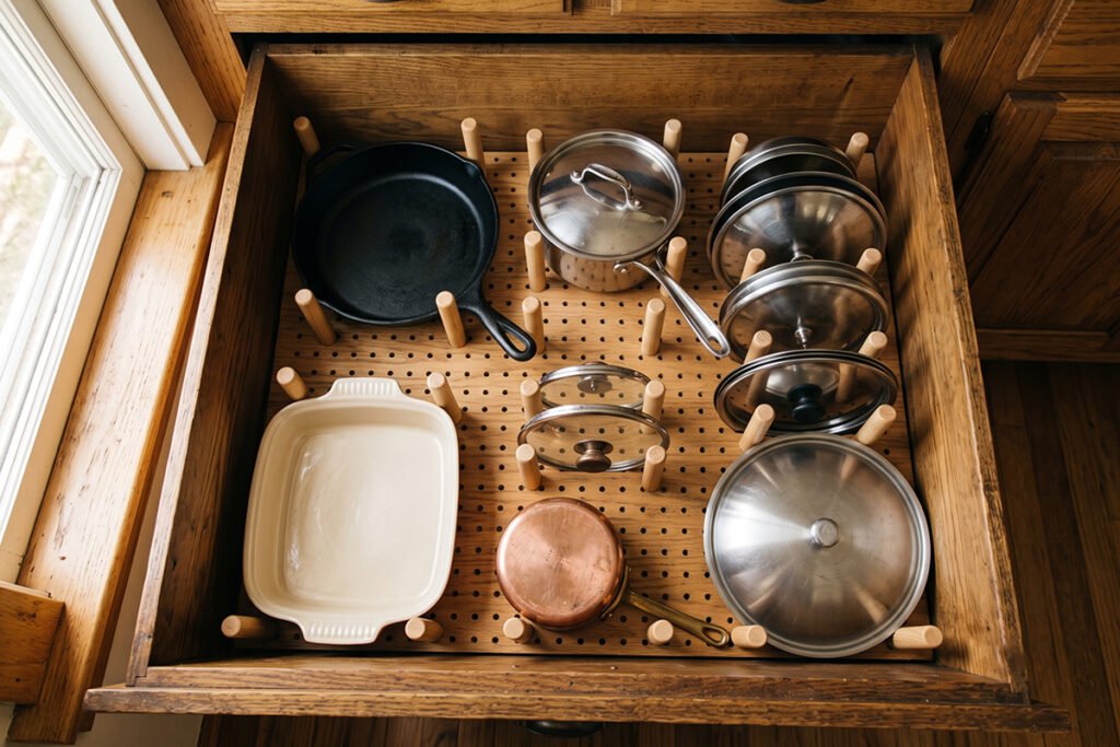 Deep wooden drawer featuring a pegboard base with adjustable wooden pegs securing cookware