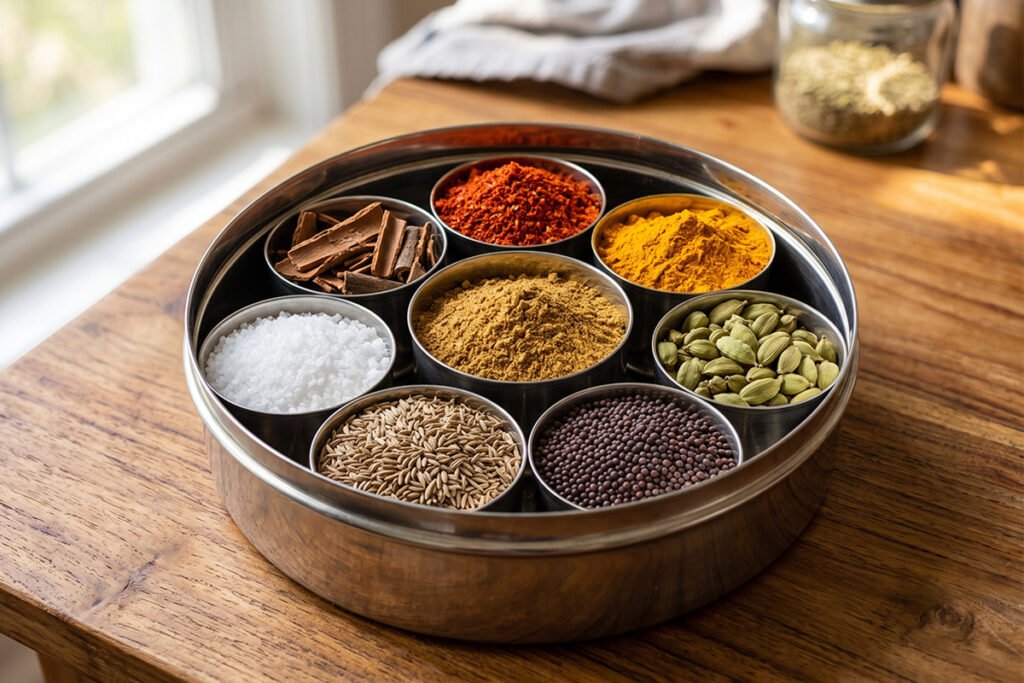 Detailed shot of a 7 cup masala box filled with vibrant colorful spices