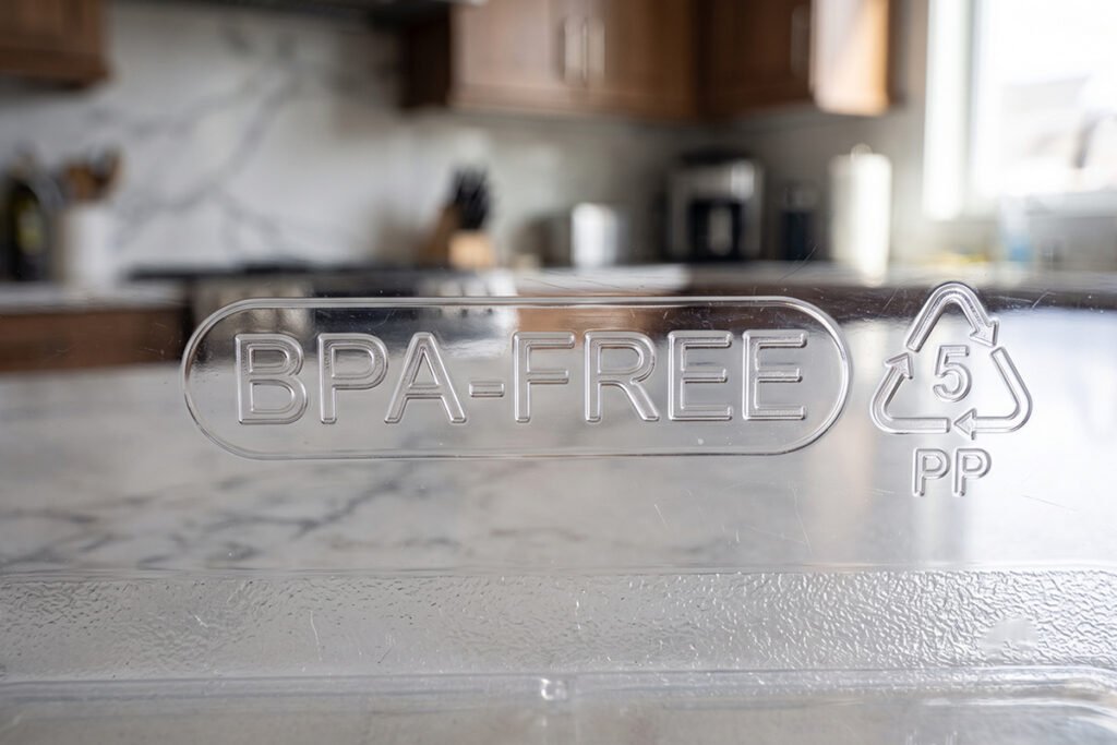 Detailed view of the bottom of a plastic food container showing the BPA-Free label and resin code.