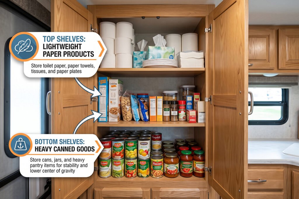 Diagram showing heavy items at bottom of cabinet and light items filling top shelves