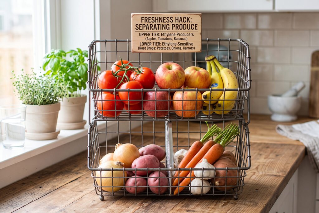 Diagram-style arrangement showing ethylene-producing crops separated from sensitive root vegetables.