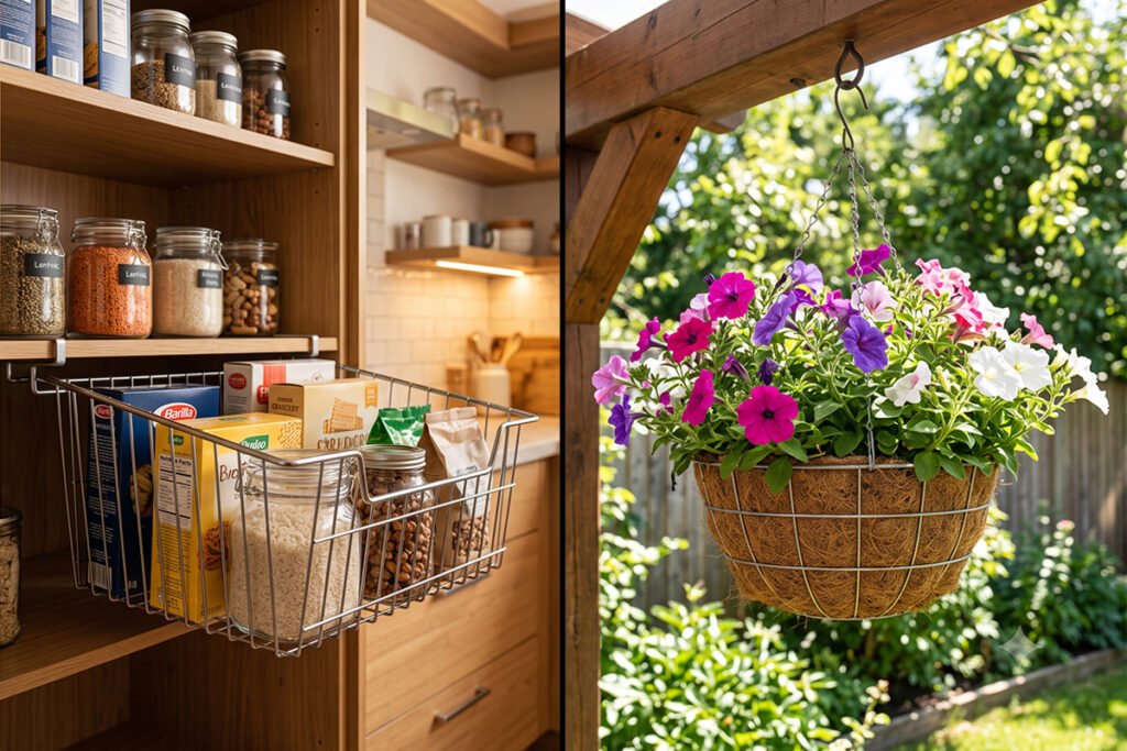 Difference between indoor metal pantry baskets and outdoor floral hanging planters