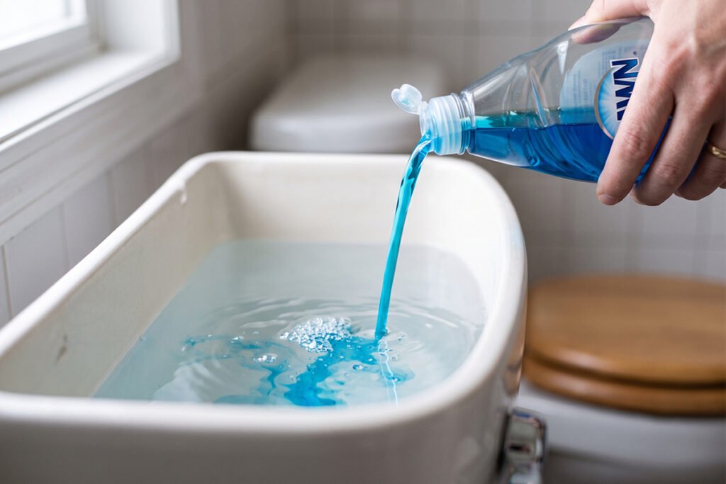 Dish soap poured directly into a toilet bowl to clear minor plumbing blockages