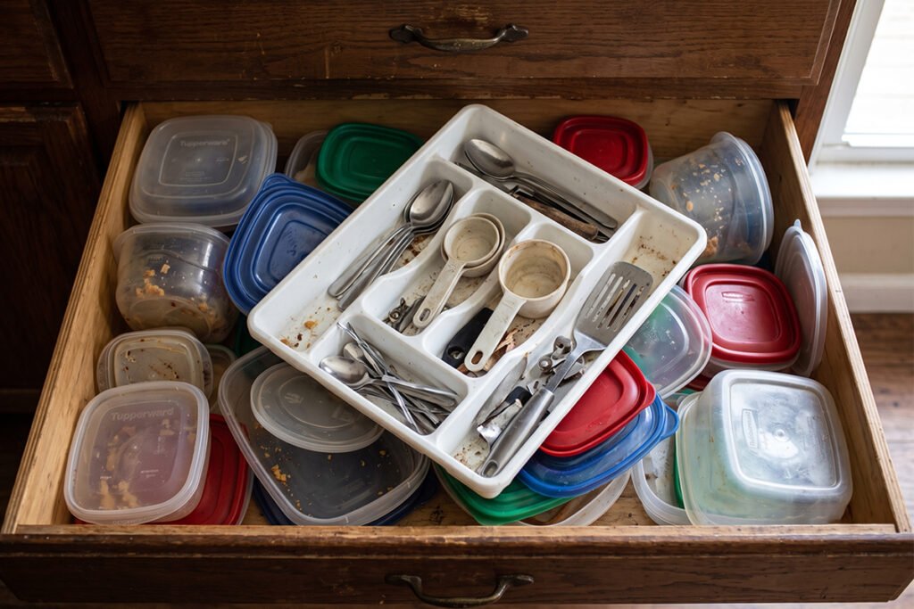 Disorganized kitchen drawer with ill-fitting plastic organizer tray slipping out of