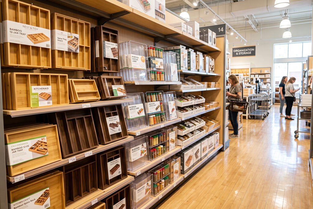 Display aisle in a home goods store showing various wooden and acrylic spice drawer
