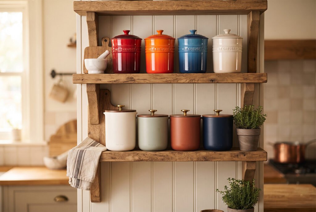 Display lineup of branded ceramic canisters including Le Creuset and Caraway styles on open wooden shelving