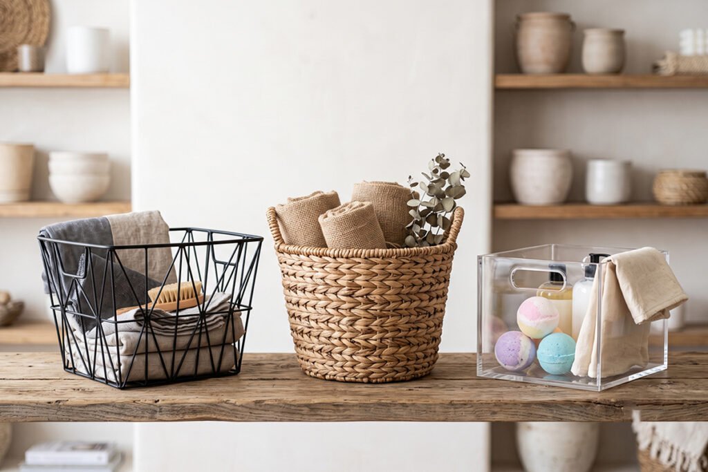 Display of diverse basket styles including wire