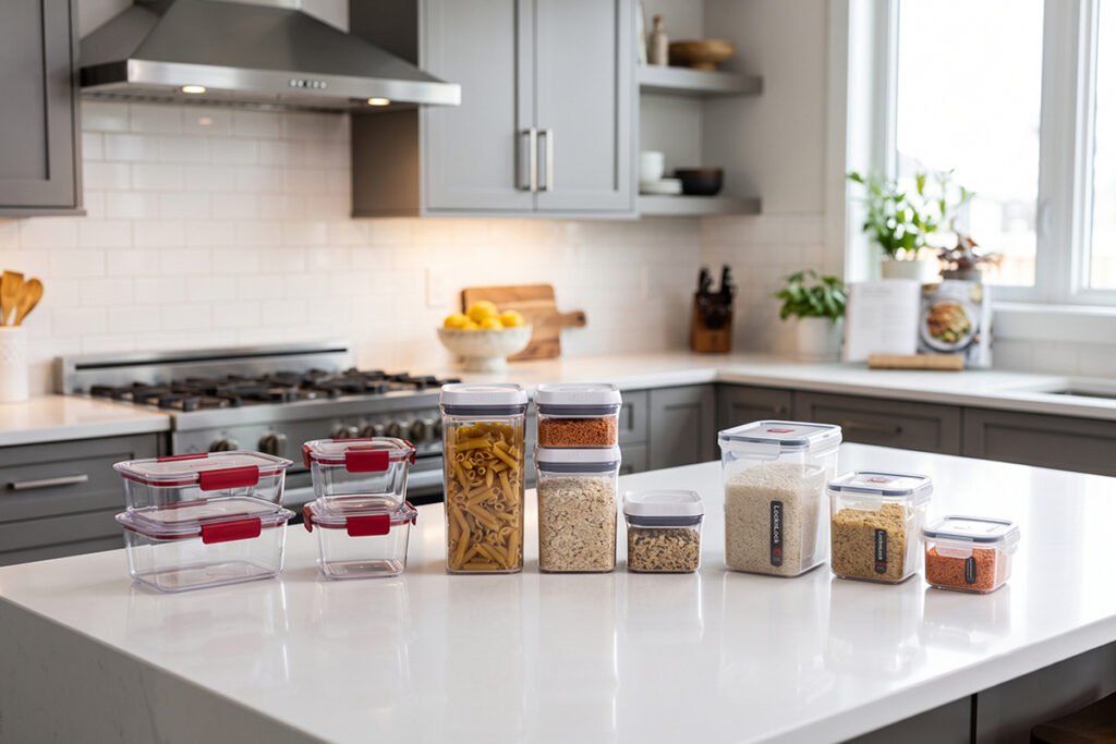 Display of top branded food storage containers from Rubbermaid