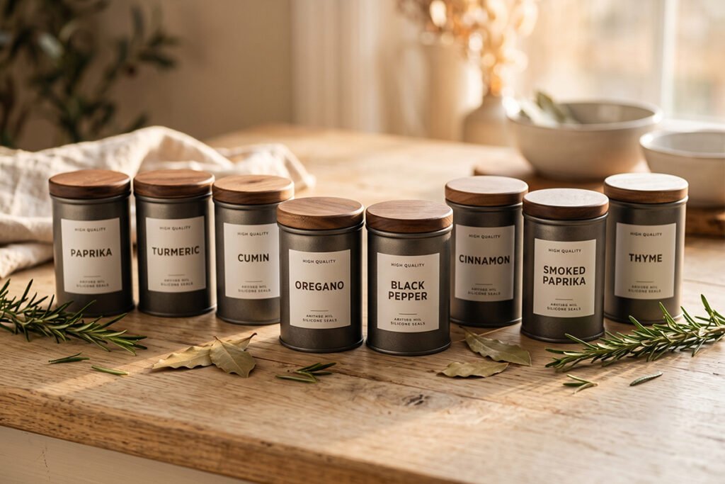Display of top-rated opaque metal spice storage containers on a clean wooden tabletop