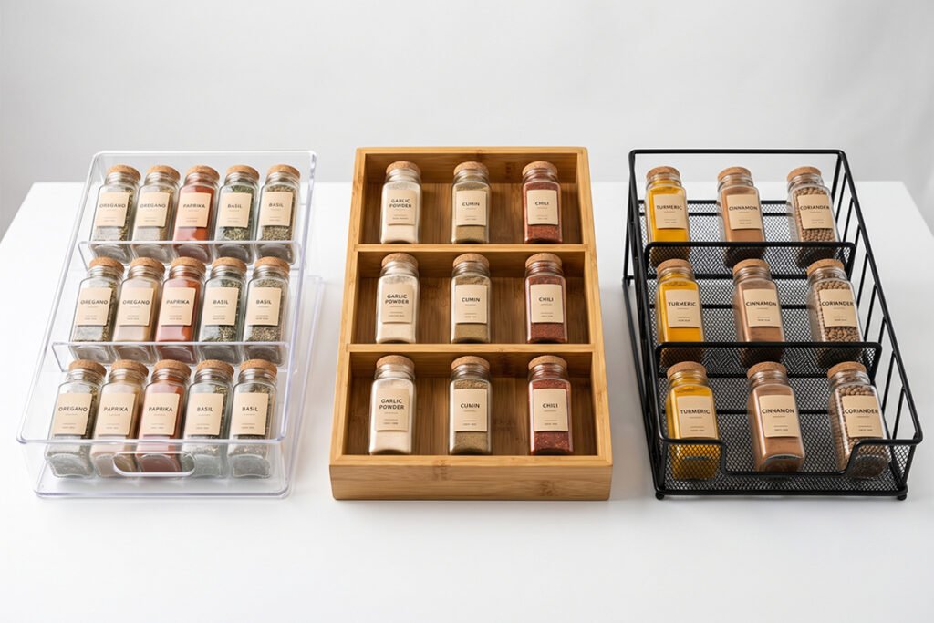 Display of various top-rated spice drawer organizers made from acrylic bamboo a