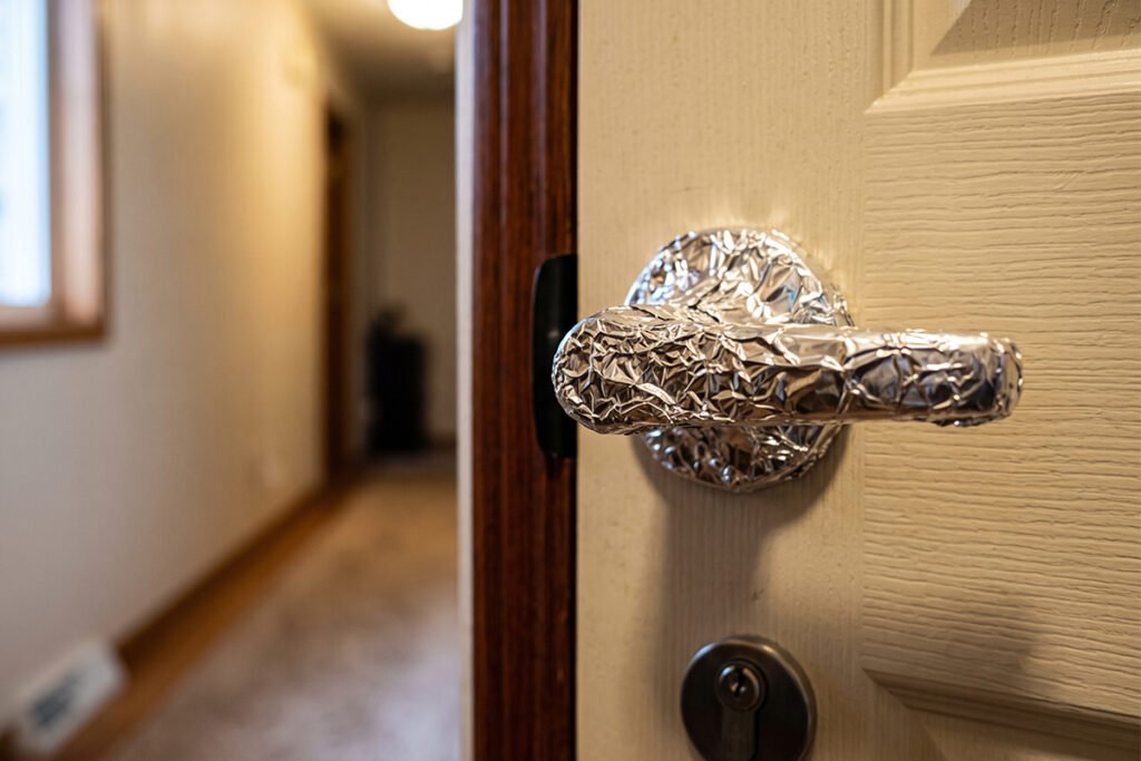 Door handle wrapped in aluminum foil for simple home security alert