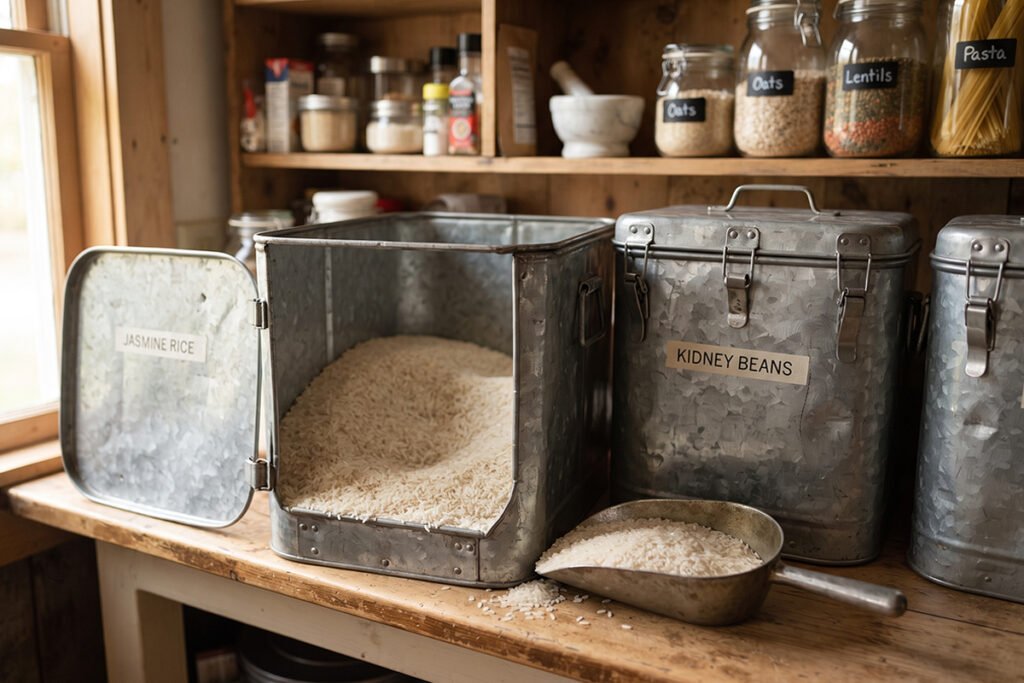 Dry ingredients like rice and beans prepared for storage in metal bins
