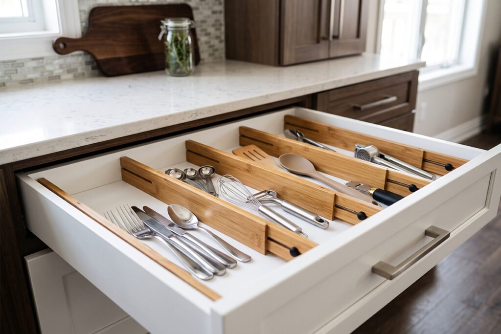 Elegant bamboo spring-loaded drawer dividers installed in a modern kitchen