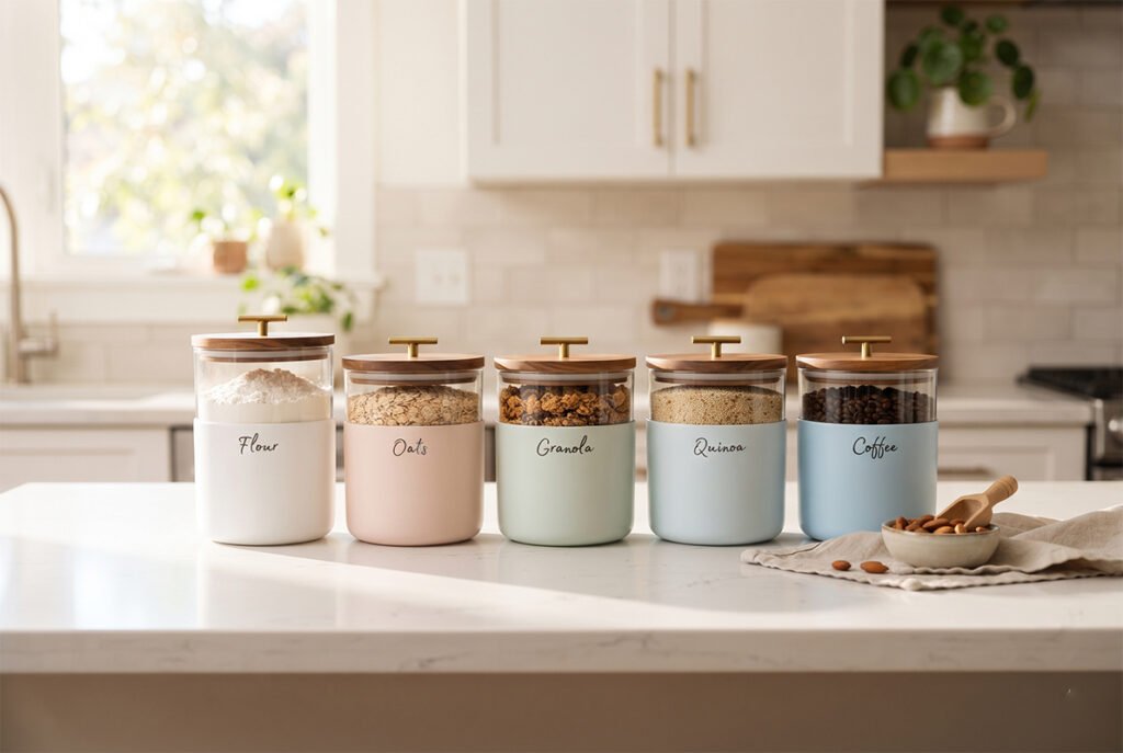 Elegant set of white and pastel ceramic food storage containers with wooden airtight lids arranged neatly on a kitchen counter