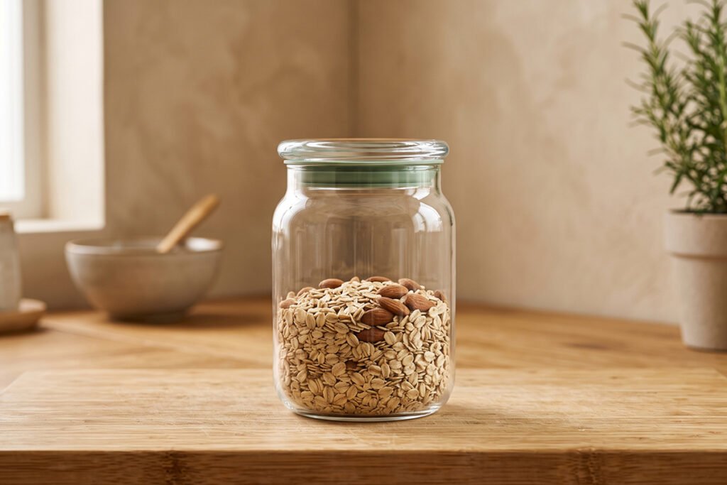 Elegant zero-plastic glass container featuring a polished glass lid and silicone ring