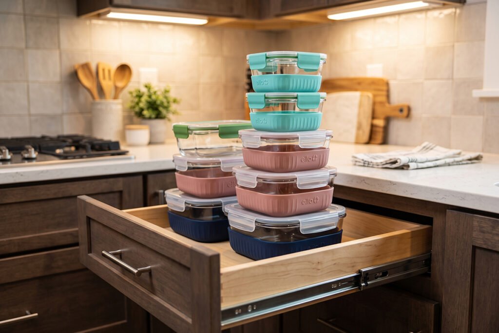 Ello Fresh Stack glass container set with colorful silicone boots stacked inside a kitchen drawer